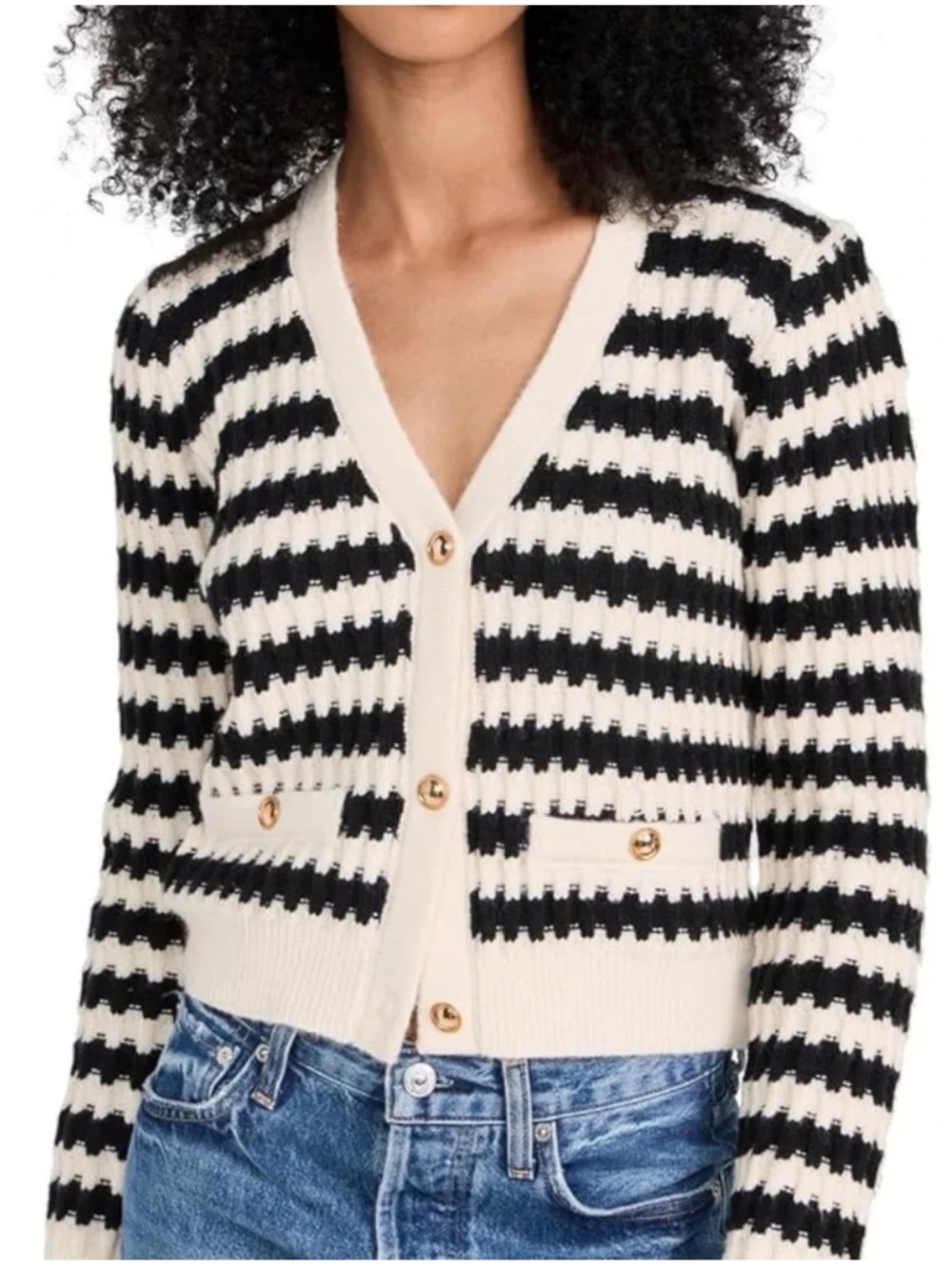 Line & Dot Striped Black and Cream V-Neck Button-Front Cardigan